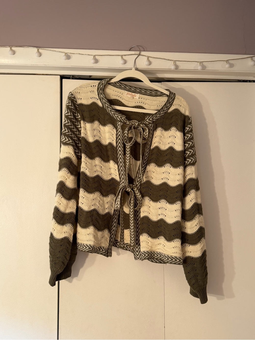 Listicle Olive & Cream Striped Tie-Front Cardigan